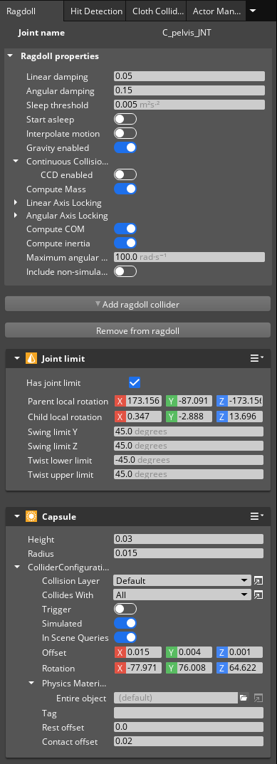 View and modify ragdoll properties for a selected joint on the Ragdoll tab in the Animation Editor