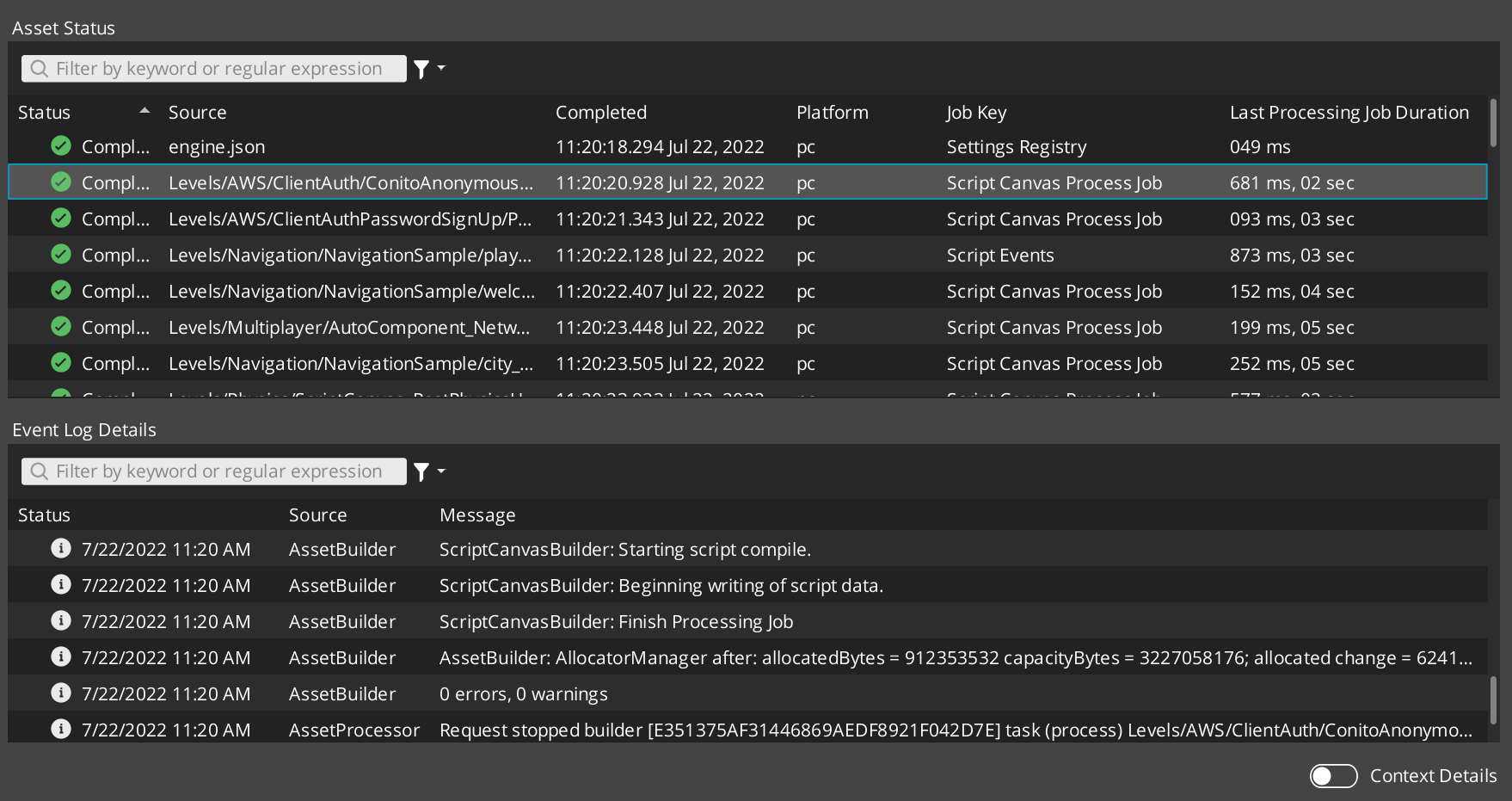 Asset Processor UI jobs tab