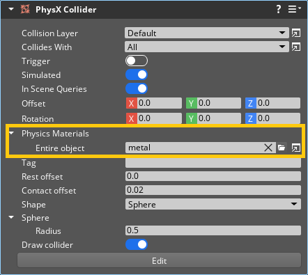 PhysX Collider, setting the physics materials.