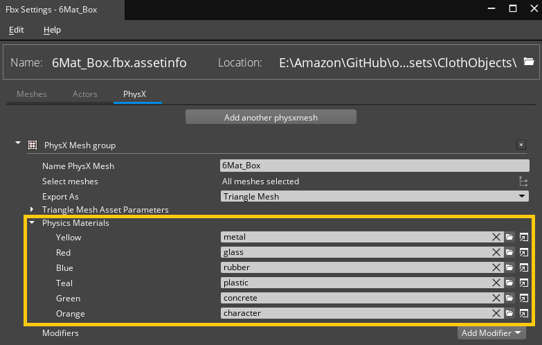 PhysX Collider, per face physics materials.