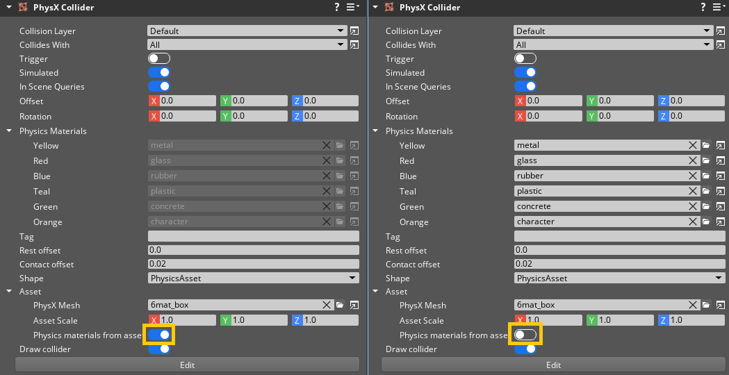 PhysX Collider, per face physics materials.