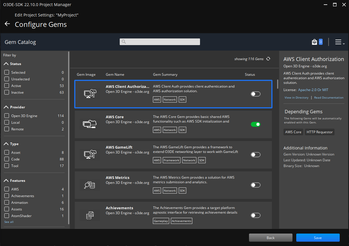 Configure Gems screen